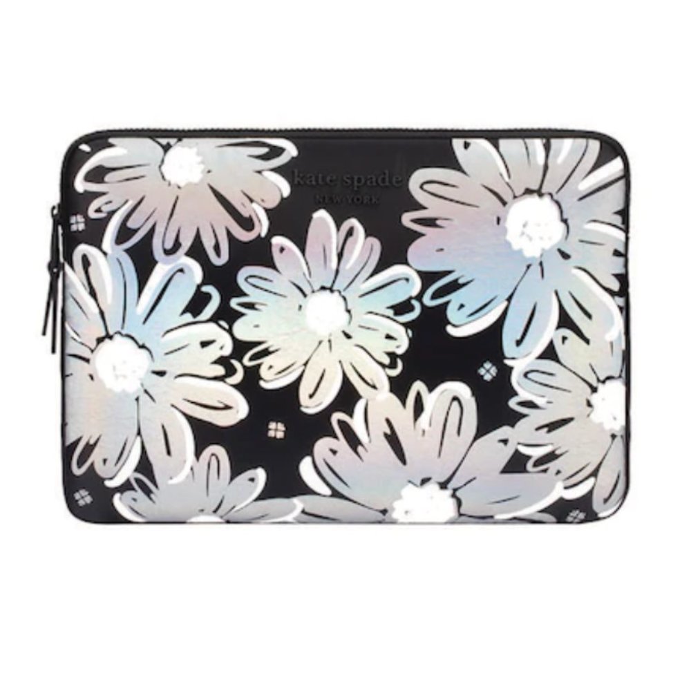 Kate Spade puffer laptop sleeve case daisy iridescent black metallic floral